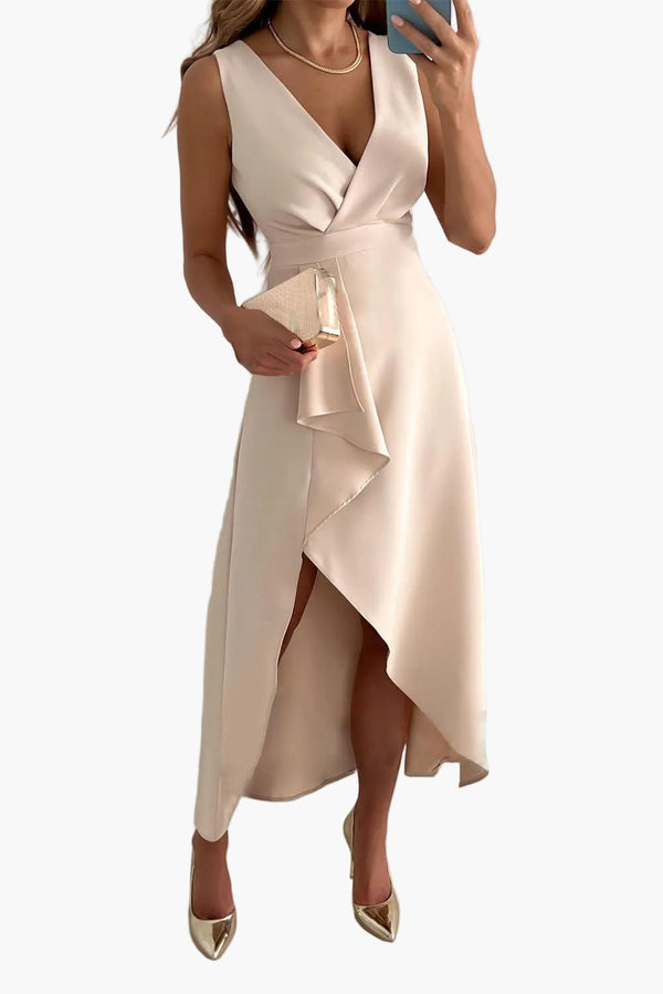 Damen Elegantes Abendkleid Wickeloptik V-Ausschnitt Asymmetrischer Saum Festmode