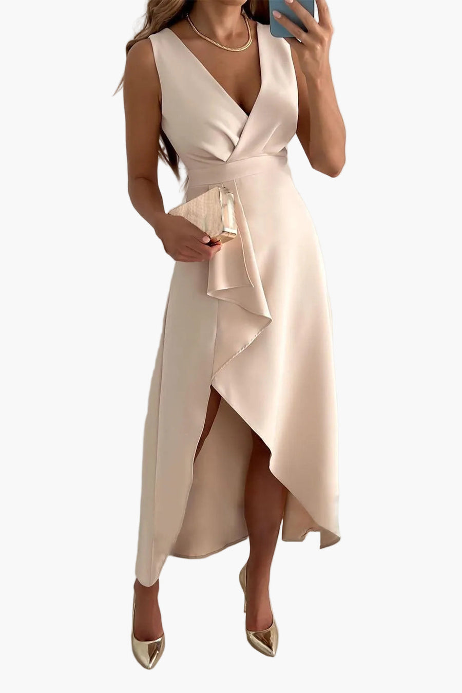 Damen Elegantes Abendkleid Wickeloptik V-Ausschnitt Asymmetrischer Saum Festmode