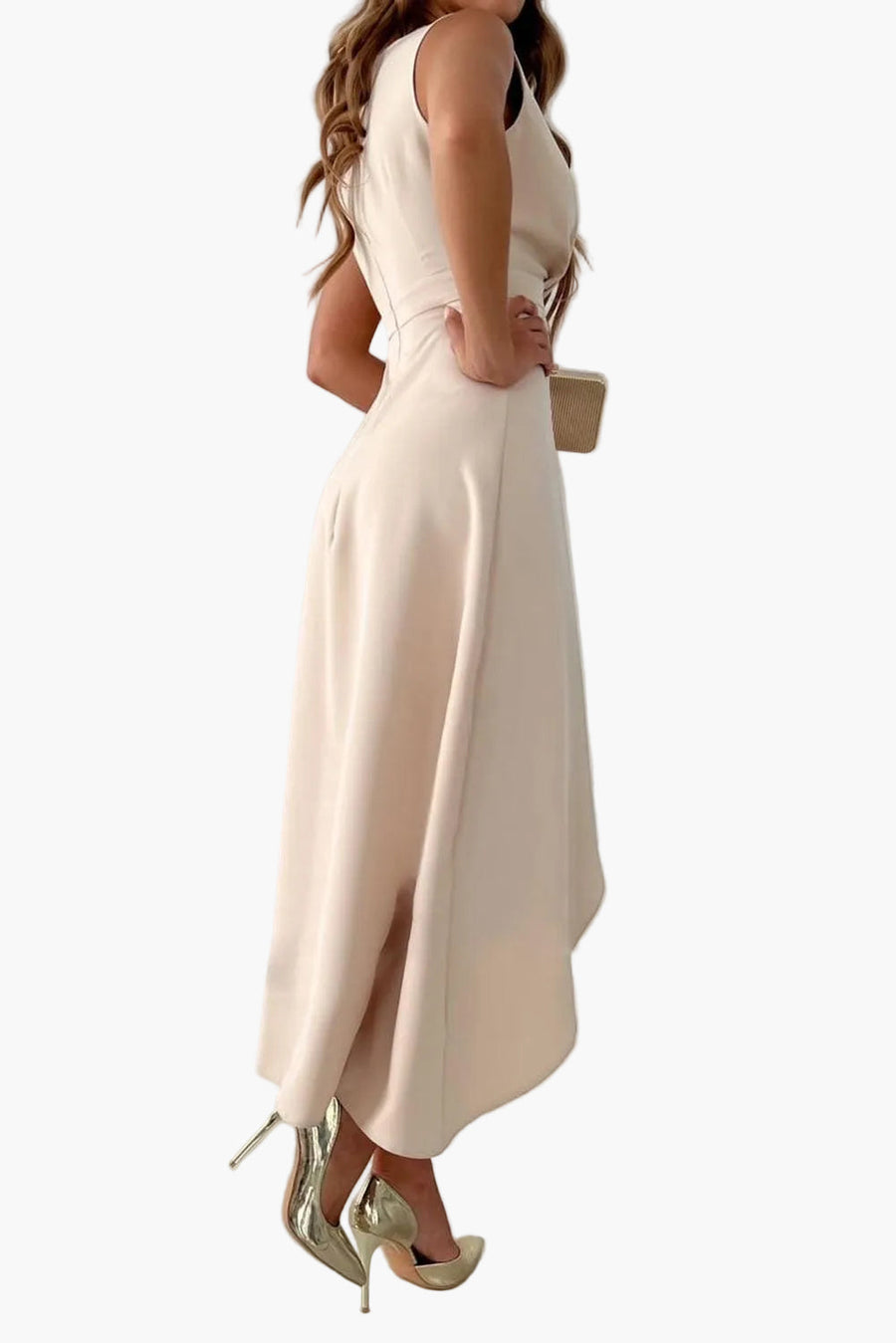 Damen Elegantes Abendkleid Wickeloptik V-Ausschnitt Asymmetrischer Saum Festmode