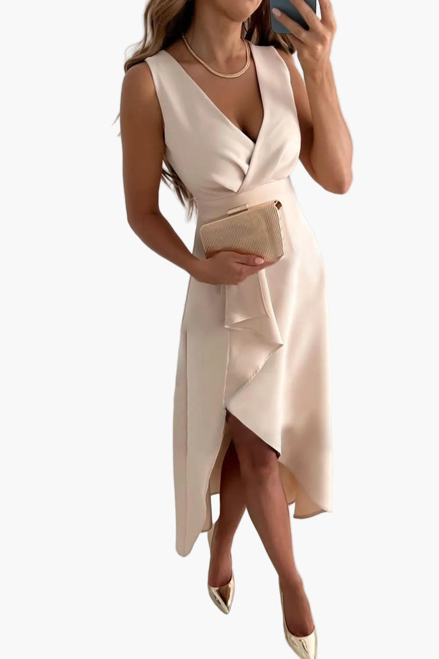 Damen Elegantes Abendkleid Wickeloptik V-Ausschnitt Asymmetrischer Saum Festmode