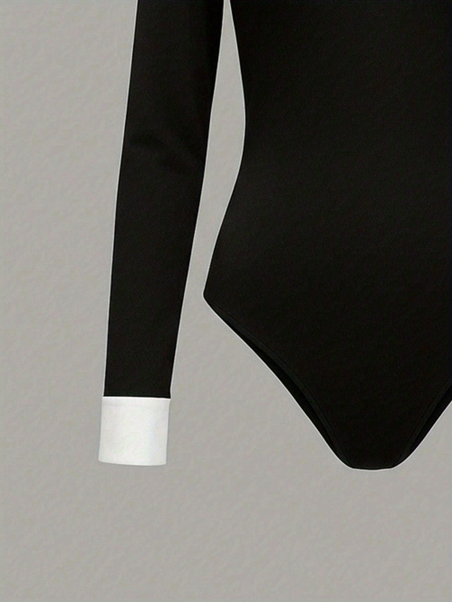 Damen Body Langarm mit Kontrastkragen und Manschetten