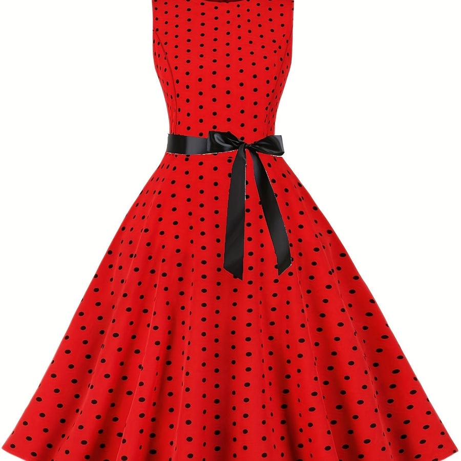 Damen Vintage Rockabilly Polka Dots Kleid mit Schleifen-Gürtel, Elegant, Ärmelos, Festlich & Alltag