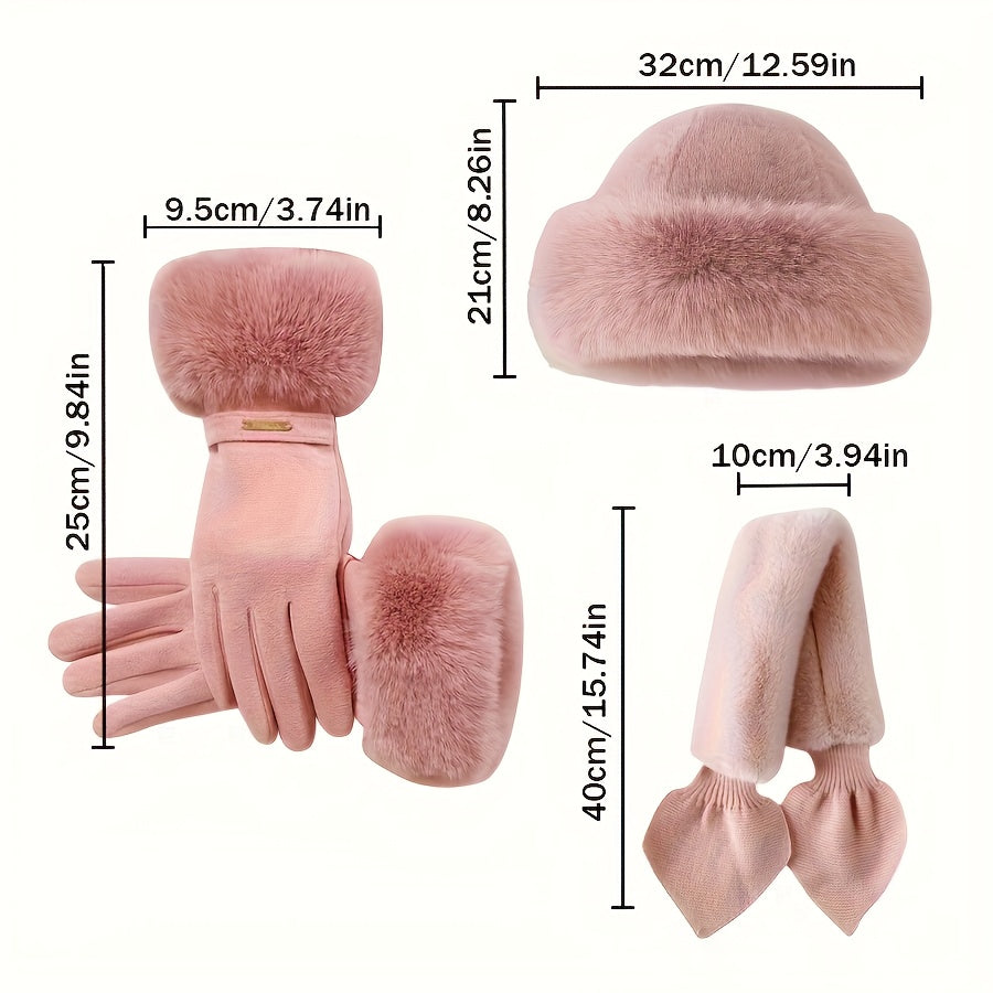 3-teiliges Hut Schal Handschuh Set Damen Winter mit Kunstpelz