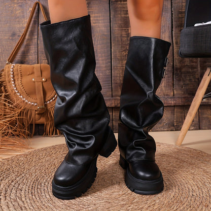 Damen Stiefel mit Reißverschluss & Schnallen, Chunky Sohle, Knielang, Schwarz & Beige