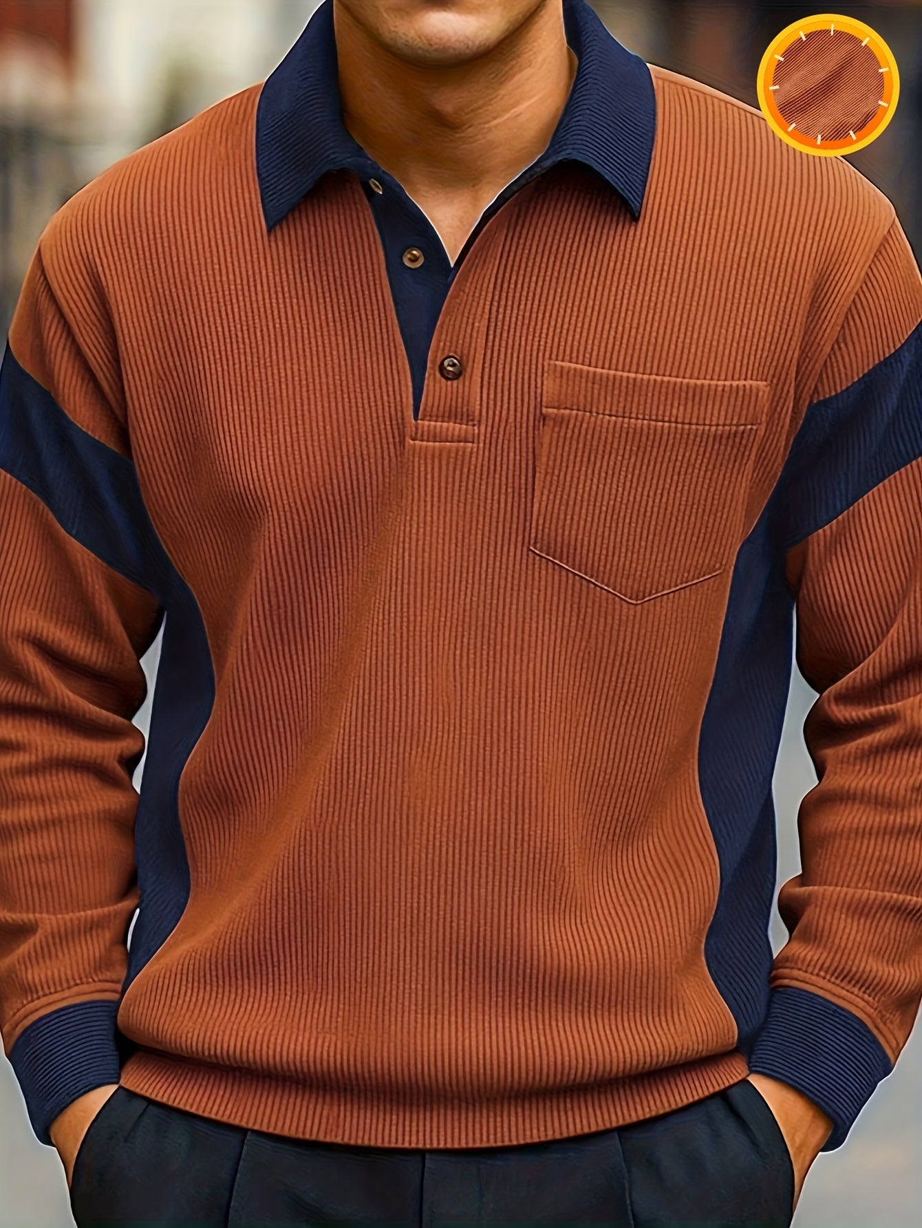 Herren Poloshirt Langarm Gerippt Rostbraun Marineblau Colorblock Freizeithemd mit Knopfleiste & Brusttasche
