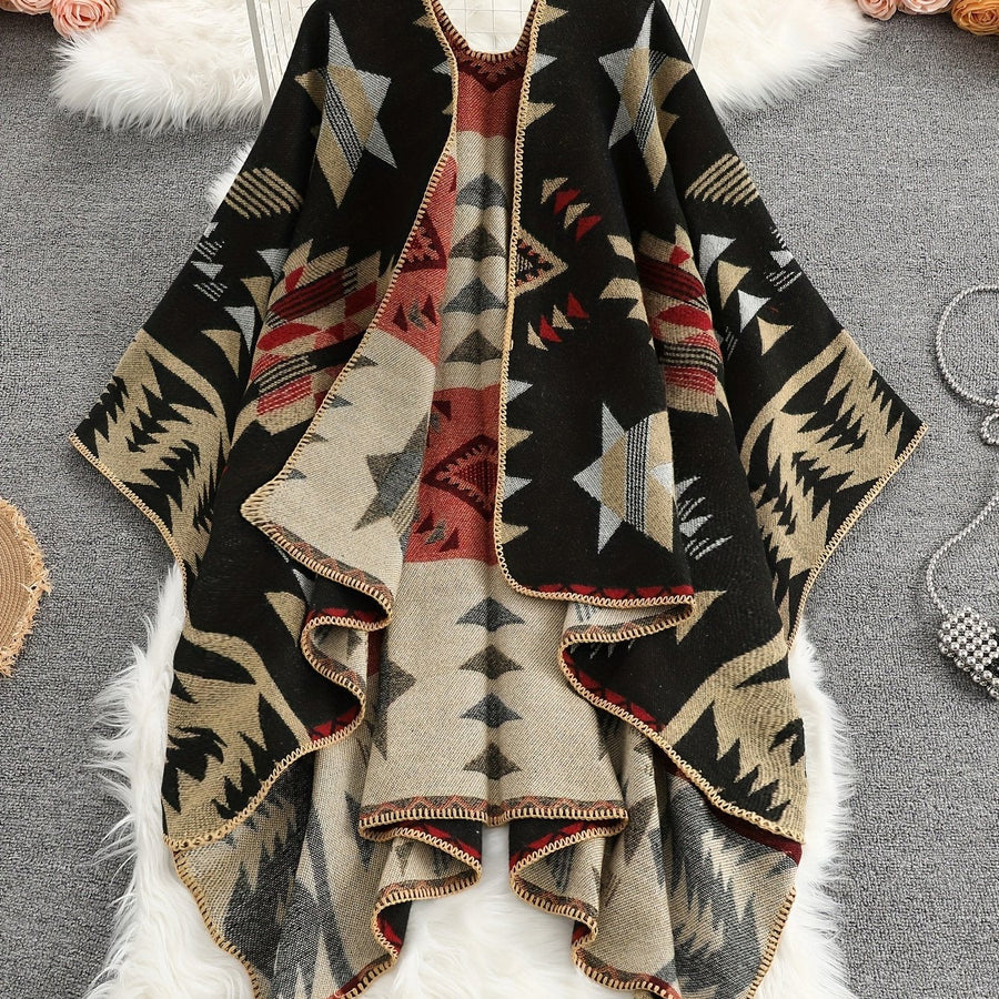 Damen Poncho Cape mit offenem Vorderteil und geometrischem Muster – Boho Stil für Alltag und Freizeit