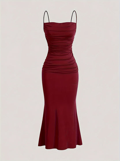 Damen Abendkleid mit Raffungen und Spaghettiträgern – Elegantes Maxikleid für festliche Anlässe