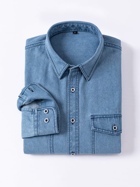 Herren Jeanshemd Langarm mit Brusttasche und Knopfleiste