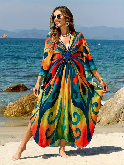 Damen Kaftan Maxi Strandkleid mit Schmetterlings-Print – Boho Urlaubs-Outfit