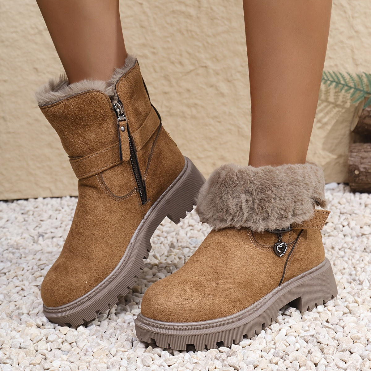 Damen Winterstiefel Braun Knöchelhoch Warm Gefüttert mit Schnalle