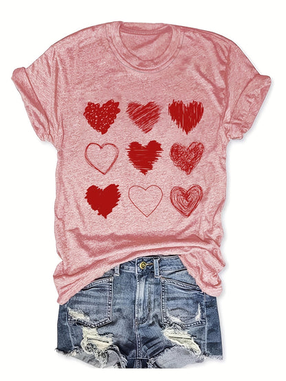 Damen T-Shirt mit Herz-Print und Kurzarm – Verspieltes Freizeitshirt mit Grafikdesign