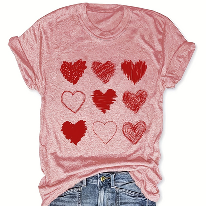 Damen T-Shirt mit Herz-Print und Kurzarm – Verspieltes Freizeitshirt mit Grafikdesign