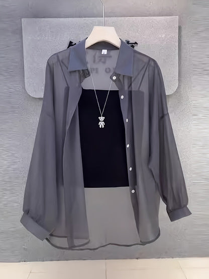 Damen Elegantes Zweiteiler-Set mit Transparenter Bluse und Bandeau Top – Modisches Layering für Alltag und Ausgehen