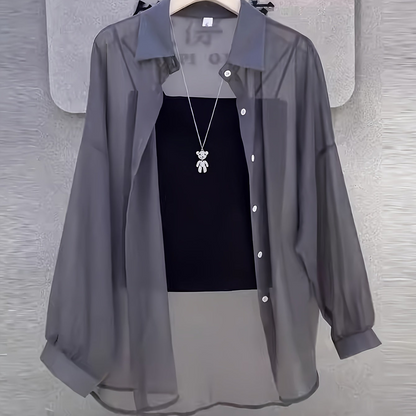 Damen Elegantes Zweiteiler-Set mit Transparenter Bluse und Bandeau Top – Modisches Layering für Alltag und Ausgehen