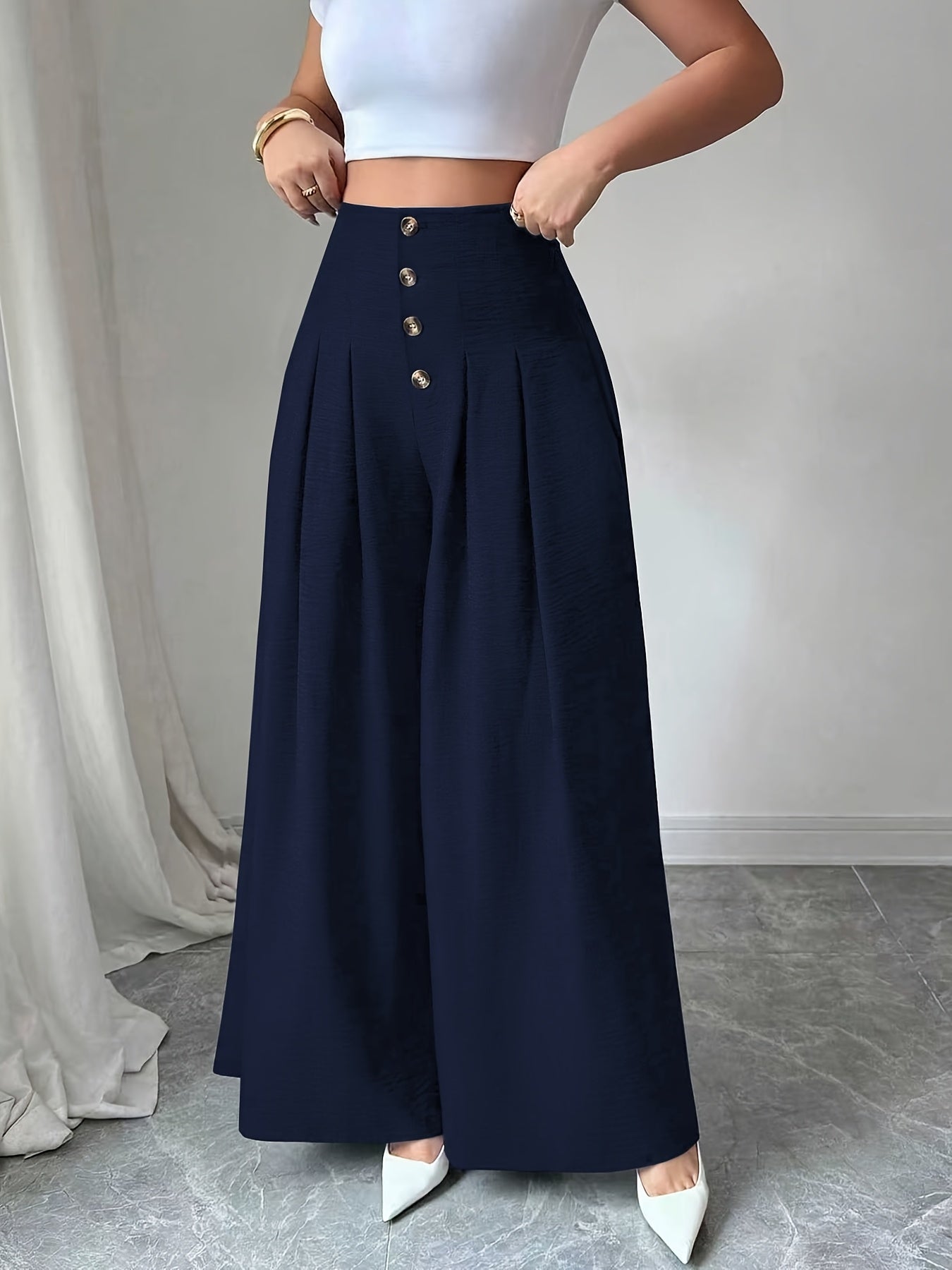 Damen Weite High-Waist-Hose mit Knopfdetails und Eleganten Falten – Modische Business & Freizeit Wide Leg Pants