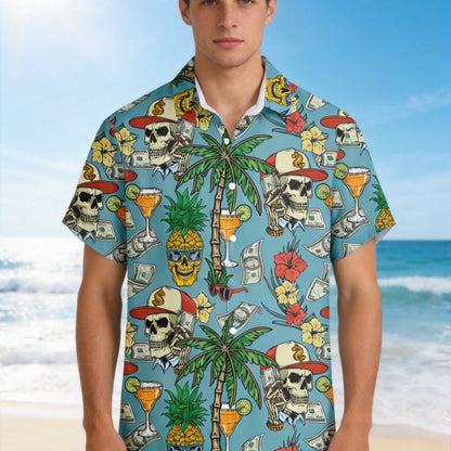 Herren Hawaiian Hemd mit Totenkopf und Sommermuster – Kurzarm, Party & Freizeit