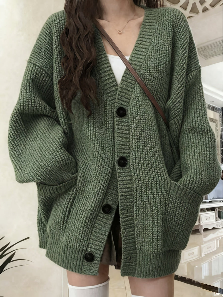 Damen Strickjacke Langarm V-Ausschnitt Knopfleiste Rippstrick Oversize