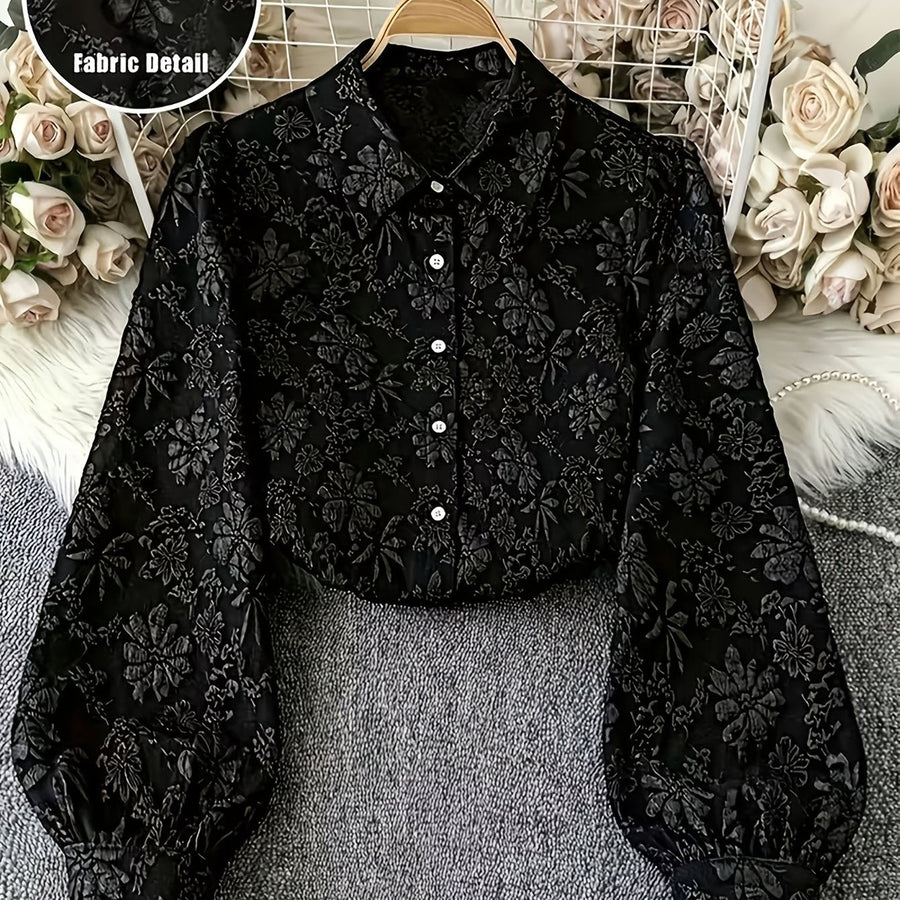 Damen Kurzarm Bluse Schwarz Jacquard-Muster Langarm Hemdbluse mit Ballonärmeln