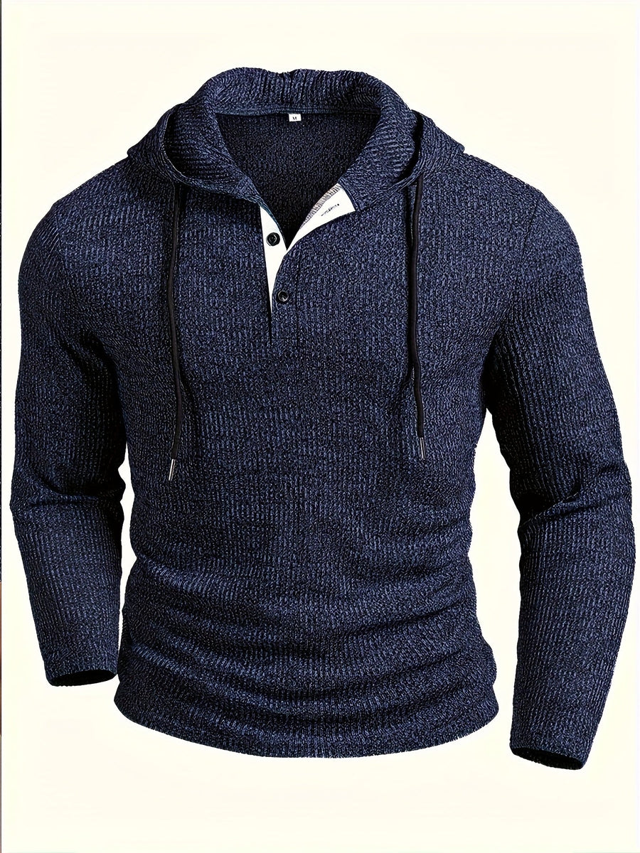 Herren Hoodie mit Knopfleiste Dunkelblau Strickoptik