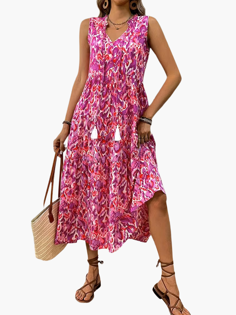 Damen Boho A-Linien Sommerkleid ärmellos – Luftiges Freizeitkleid mit Allover-Print und Quasten