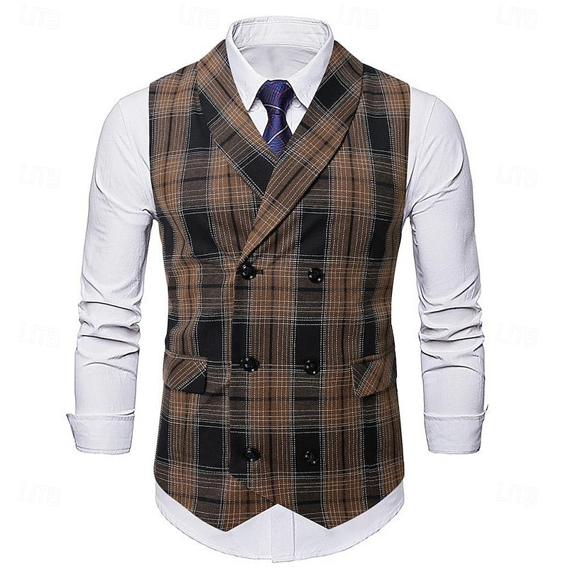 Herren Karierte Weste Doppelt Knopfleiste V-Ausschnitt Slim Fit