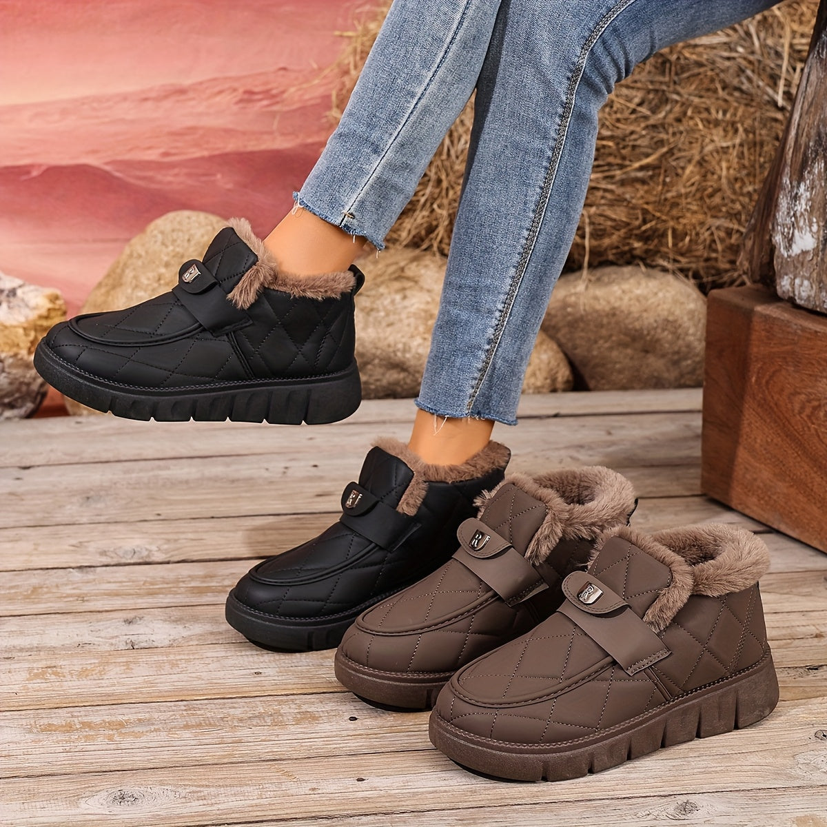 Damen Winter Stiefeletten Schwarz gesteppt mit Kunstfellfutter & dicker Sohle