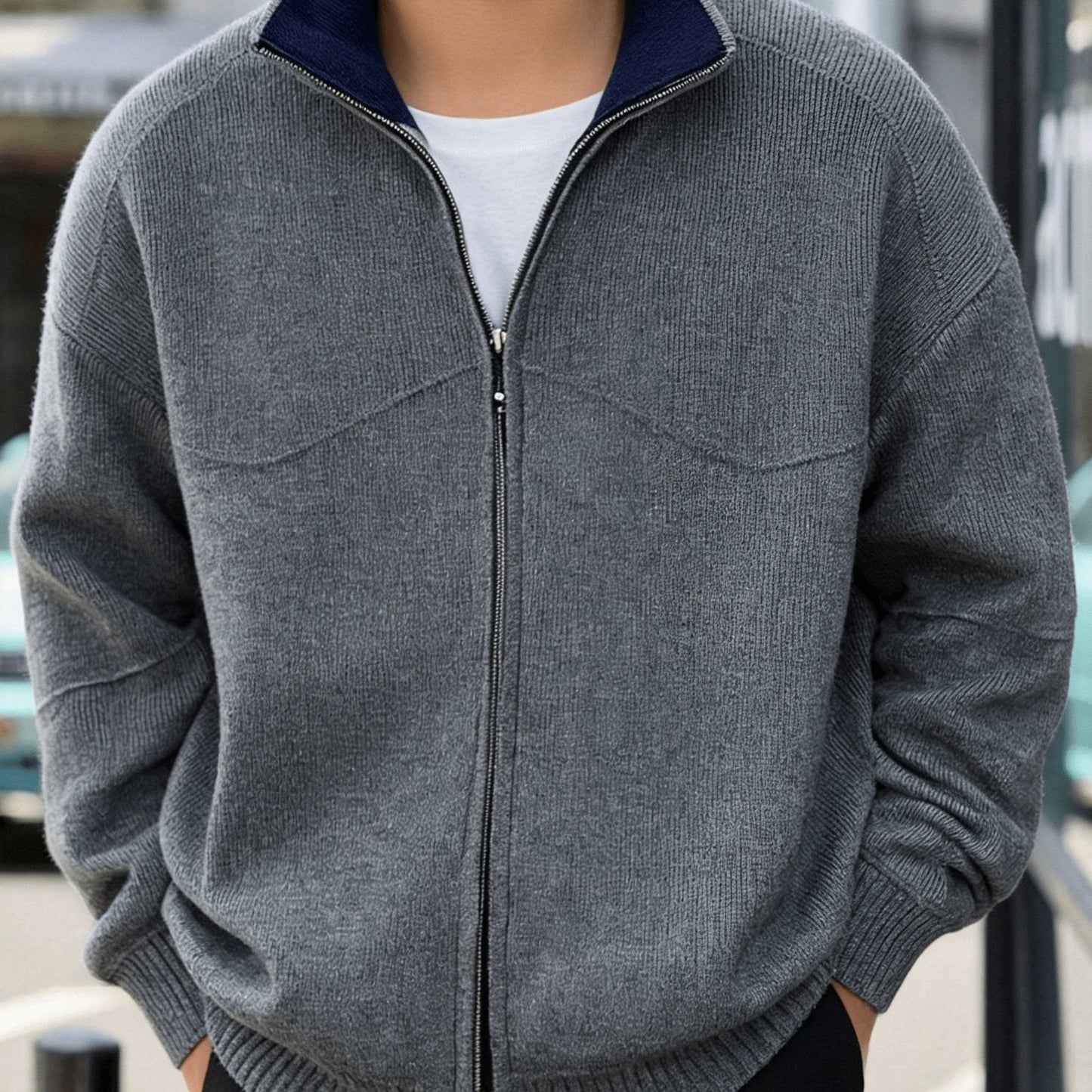 Herren Strickjacke Reißverschluss Stehkragen Dunkelgrau