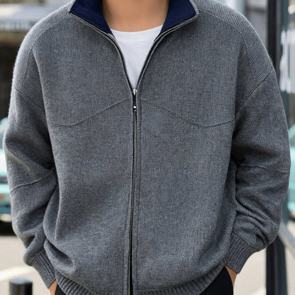 Herren Strickjacke Reißverschluss Stehkragen Dunkelgrau