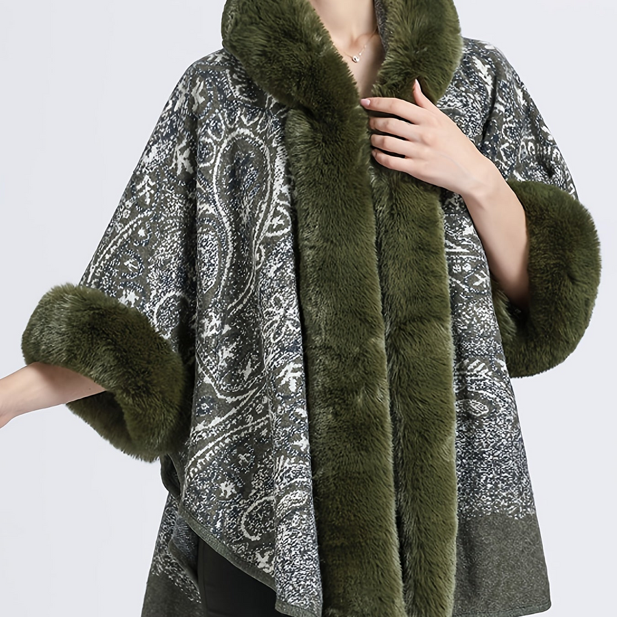 Damen Cape mit Kapuze, Pelzbesatz und Muster – Gemütlicher Umhang