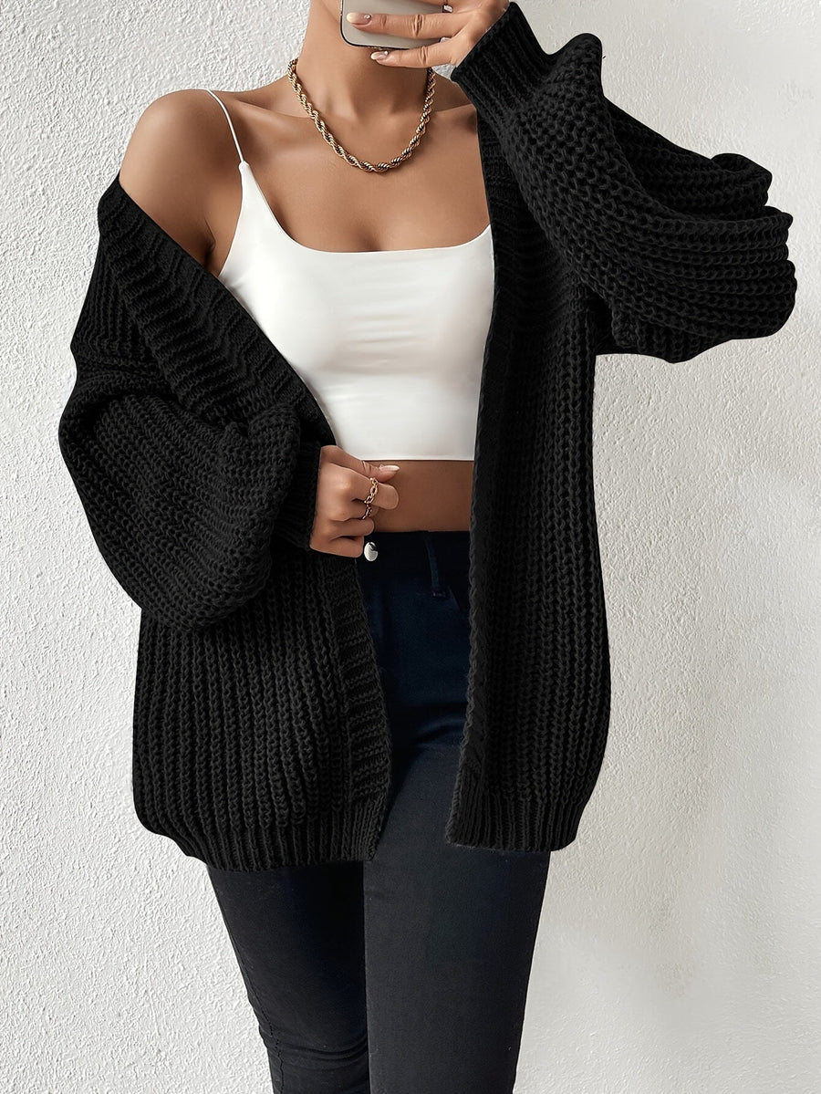 Damen Strickjacke Schwarz Offen Grobstrick Ballonärmel