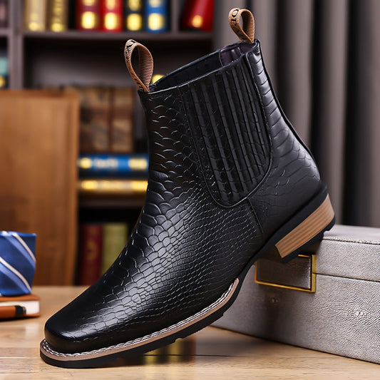 Herren Chelsea Boots mit Kroko-Muster, quadratischer Zehenkappe, Schwarz