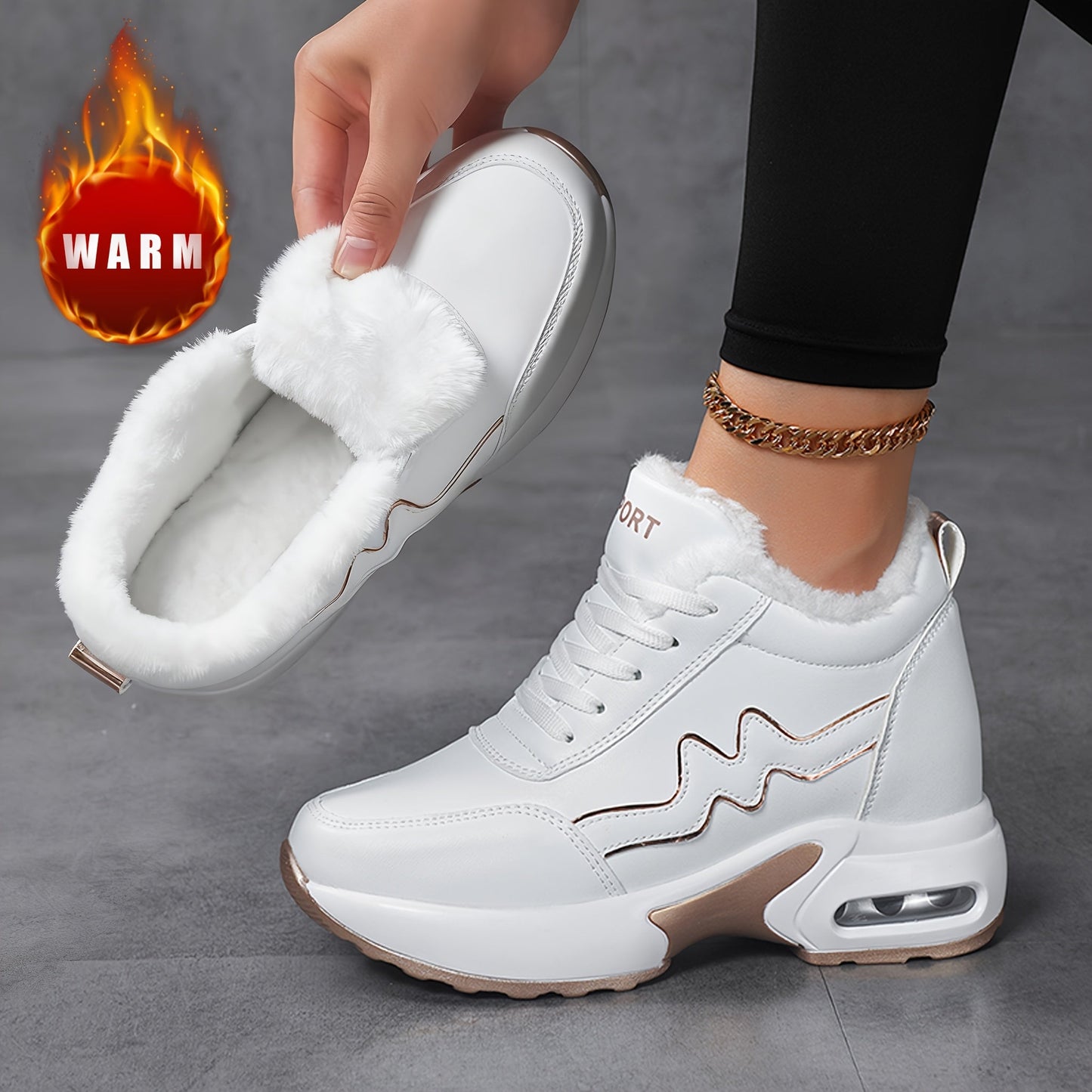 Damen Plateausneaker Weiß mit Faux-Fur Futter und Zierstreifen