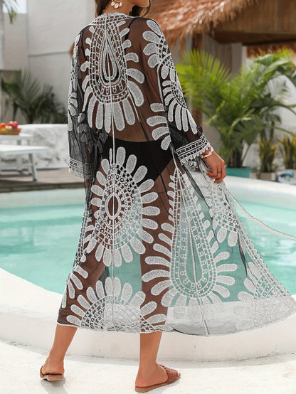 Damen Boho Kimono Strand Cover-Up mit Stickerei – Midi, Elegant, Resortwear