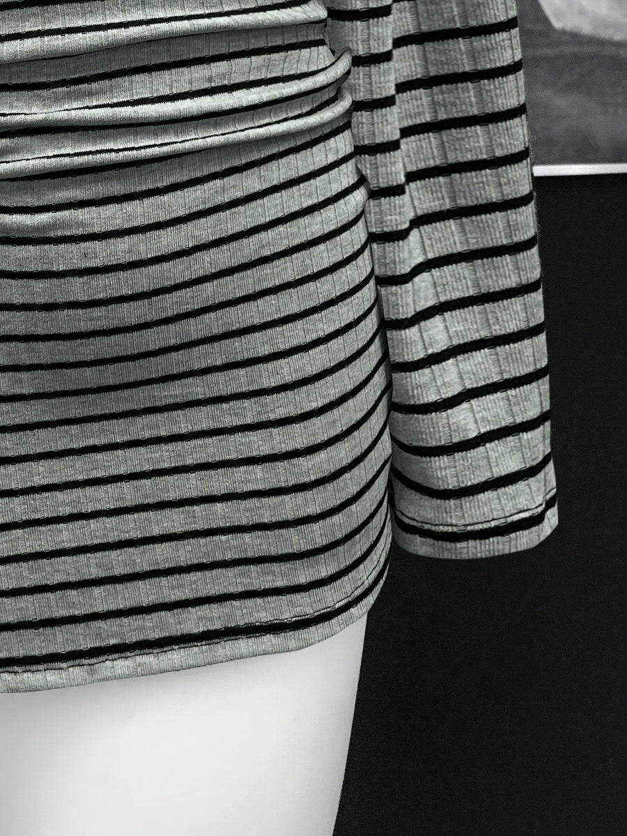 Damen Off-Shoulder Minikleid gestreift langärmlig körperbetont gerippt