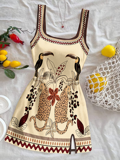 Damen Mini Kleid mit exotischem Tier- und Pflanzenmuster, Boho-Style, Freizeit & Urlaub