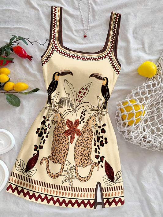 Damen Mini Kleid mit exotischem Tier- und Pflanzenmuster, Boho-Style, Freizeit & Urlaub