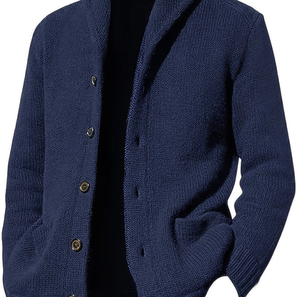 Herren Strickjacke Schalkragen Knopfleiste Dunkelblau Langarm