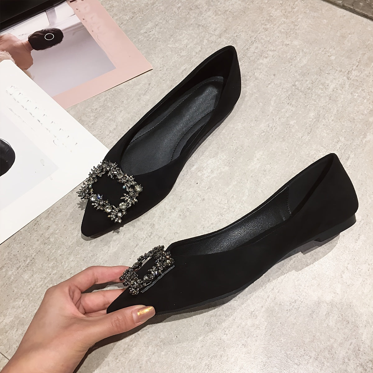 Damen Elegante Spitz-Toe Ballerinas mit Strass-Schnalle – Stilvolle Flats für festliche Anlässe