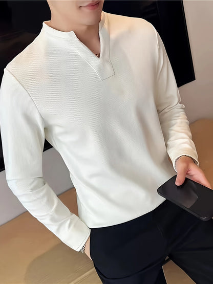 Herren Langarmshirt Henley Kragen Rippstruktur V-Ausschnitt Freizeit Business
