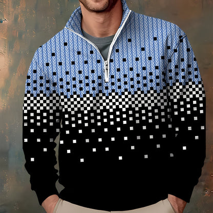Herren Halb-Reißverschluss Pullover Strickmuster Quadratmuster Ombre Schwarz