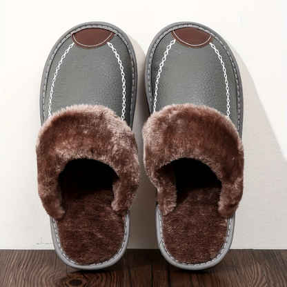 Hausschuhe gefüttert für Herren, Winter warm, Schwarz mit Ziernähten