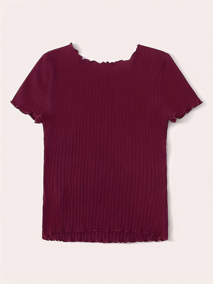 Damen Basic T-Shirt mit kurzen Ärmeln und Rippstruktur – Modisches Alltags-Oberteil mit Wellenkante