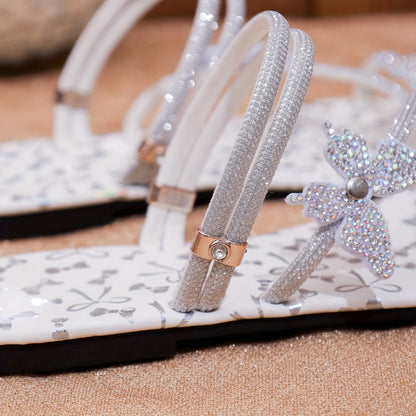 Damen Sandalen mit Schmetterlings-Design und Strass, flach, elegant für Alltag und Events