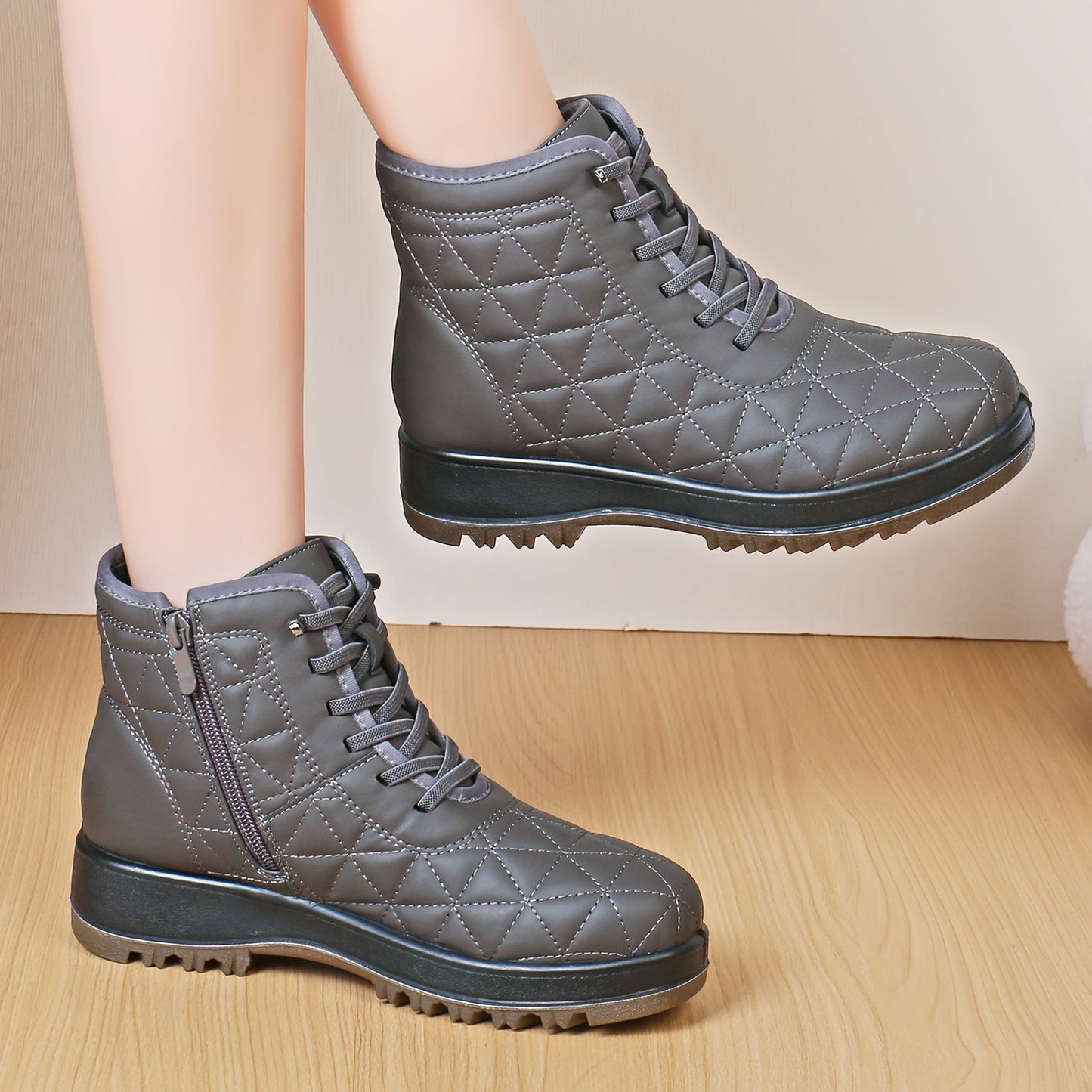Damen Winterstiefeletten Stepp-Design Profilsohle Schnürung Reißverschluss