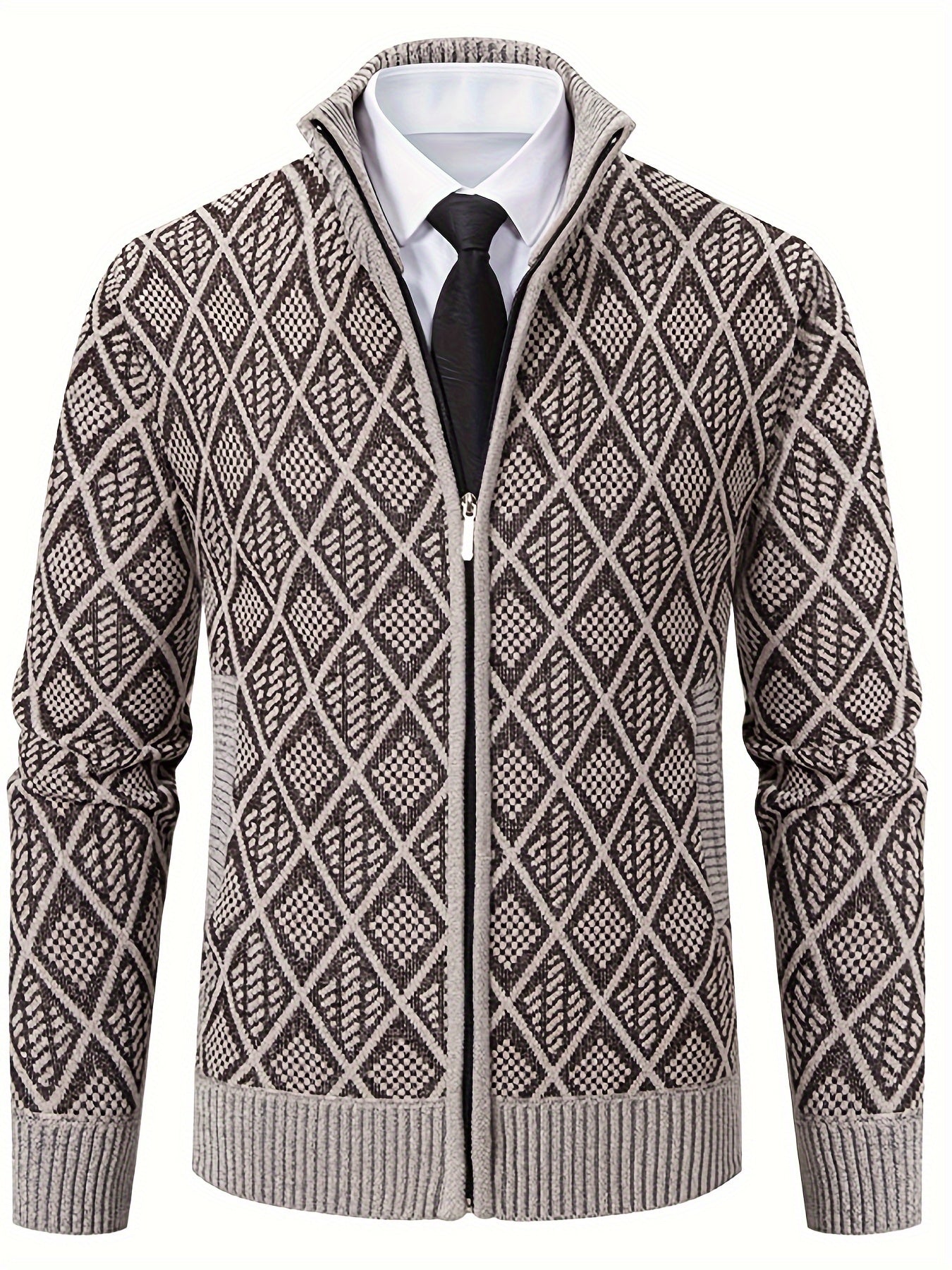 Herren Strickjacke mit Stehkragen, Reißverschluss und Rautenmuster