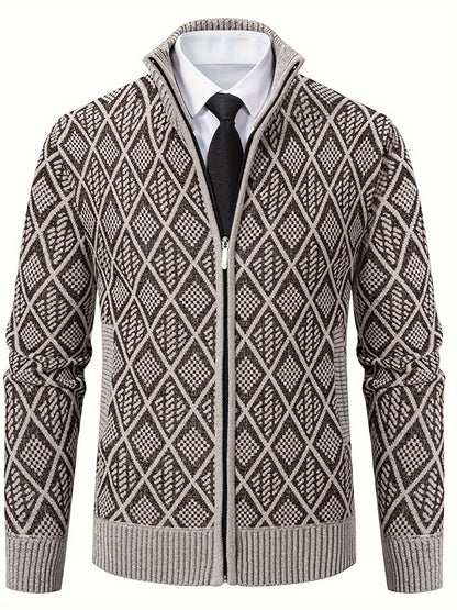 Herren Strickjacke mit Stehkragen, Reißverschluss und Rautenmuster