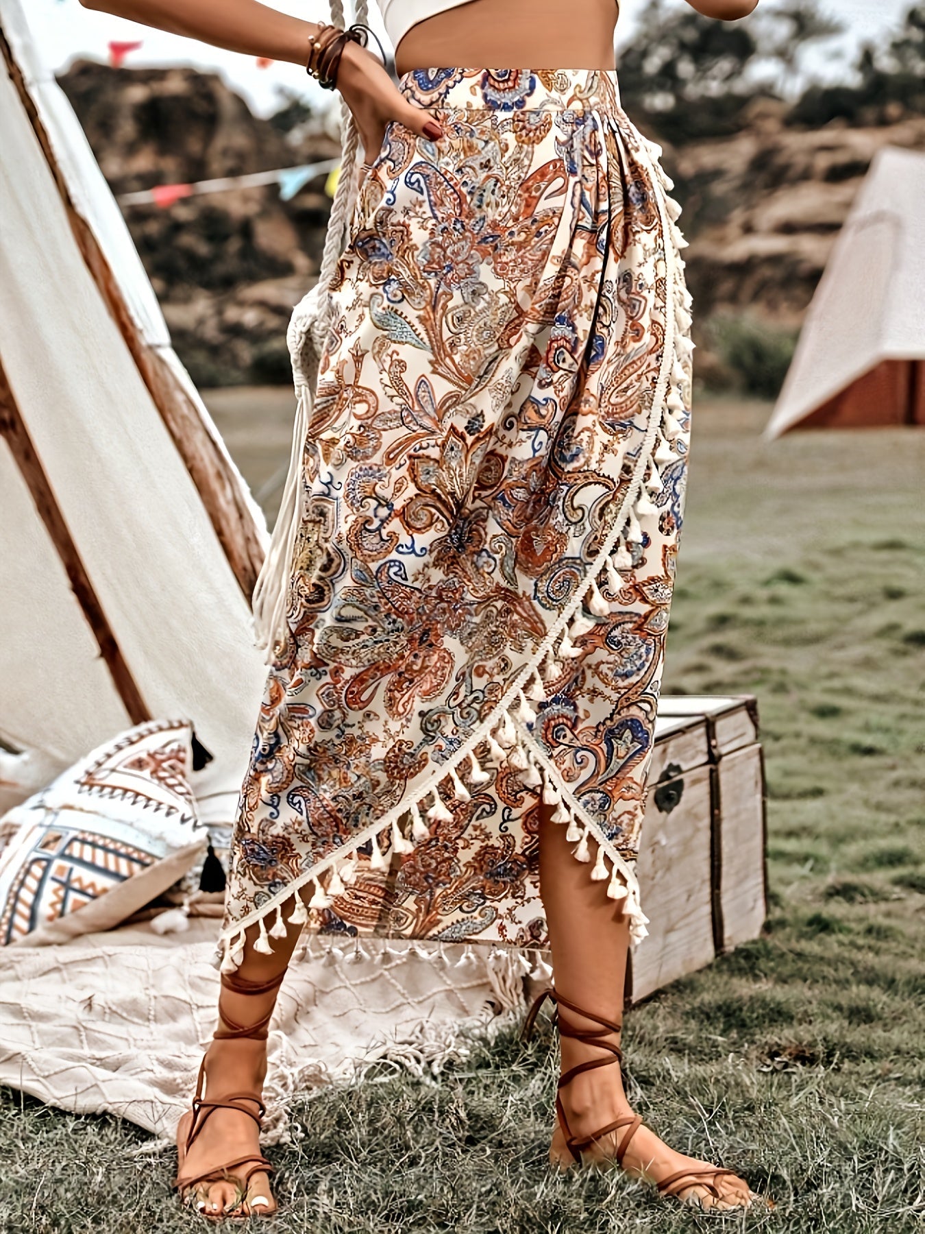Damen Midirock Boho Wickelstil mit Paisley-Muster und Quasten für Freizeit und Festivals