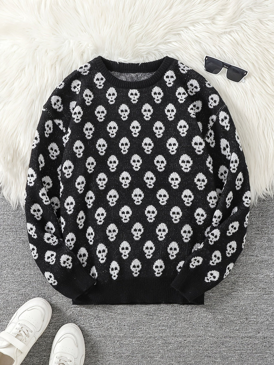 Unisex Strickpullover mit Rundhalsausschnitt und Totenkopfmuster