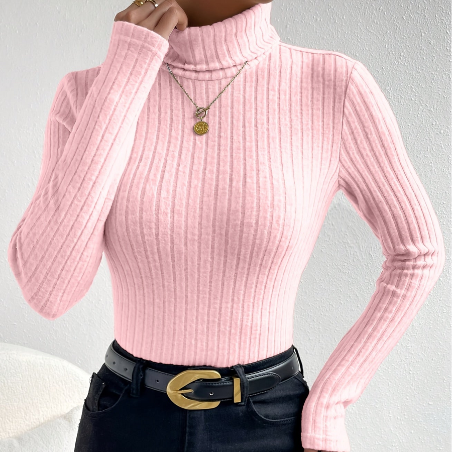 Damen Rollkragenpullover Rippstrick Langarmshirt Eng Anliegend