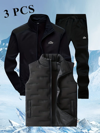 Herren 3-teiliges Sportoutfit mit Stehkragen-Trainingsjacke, Jogginghose und Steppweste